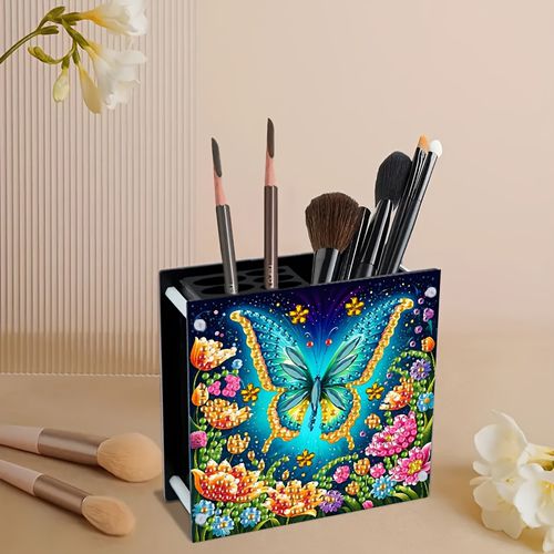 TEMU Diy Diamond Painting Pen Holder, Beautiful Pattern, Special Shape - Handmade Art Desktop Storage Box, Ideal Crafts Storage Box For Office
