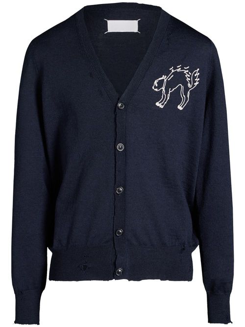 Embroidered-cat wool cardigan - Blue
