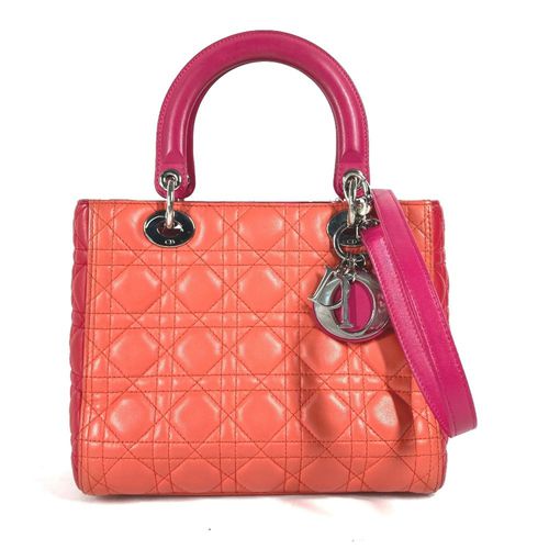 Christian Dior Lady Dior Orange Pink Red Color Leather Handbag Shoulder Bag Tote Bag Pre-Owned
