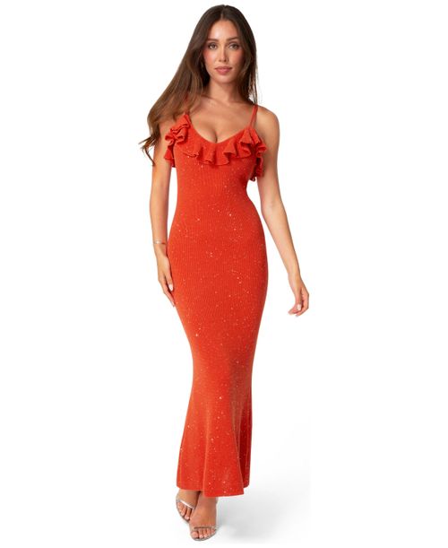 Women's Sequin Crochet Ruffle Neck Gown - Red