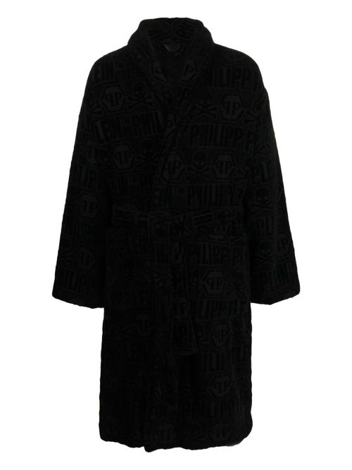 Tiger-print bead-embellished cotton bathrobe - Black