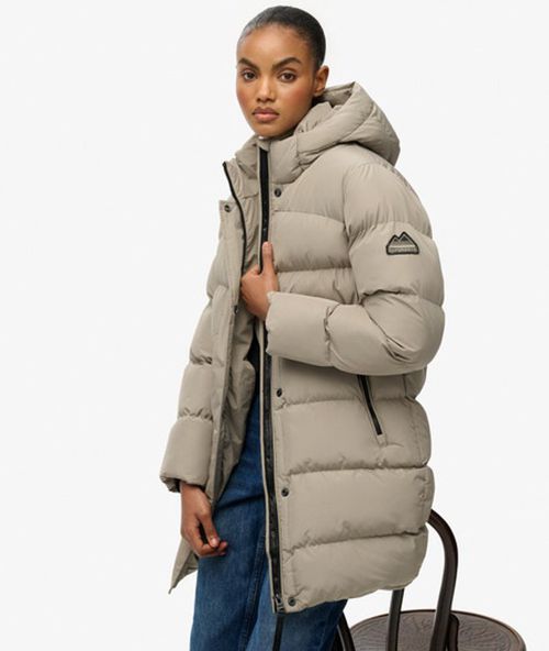 Superdry Women's Hooded Sports Puffer Mid Length Jacket Beige