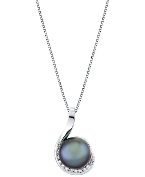 "Cultured Tahitian Pearl (10mm) & Diamond Accent Swirl 18"" Pendant Necklace in 14k White Gold - White Gold"