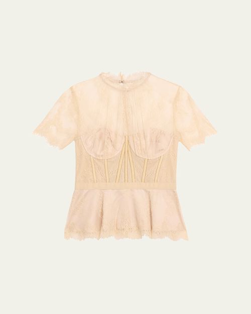 Kehlani Sheer Lace Short-Sleeve Peplum Bustier Top