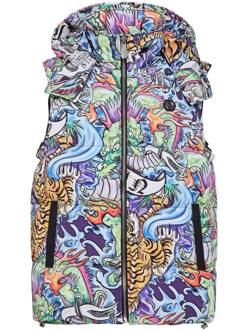 Tattoo-print hooded puffer gilet - Blue