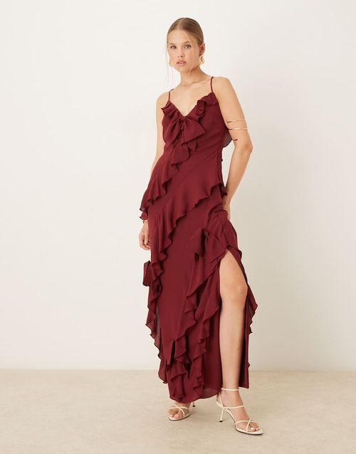 Ruffle bow maxi dress in wine-Red