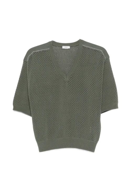 Open-Knit V-Neck Sweater — Green