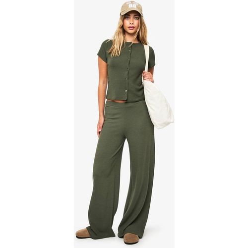 Boohoo Women's Crinkle Rib Button Through Cap Sleeve Top & Trouser Set in Khaki