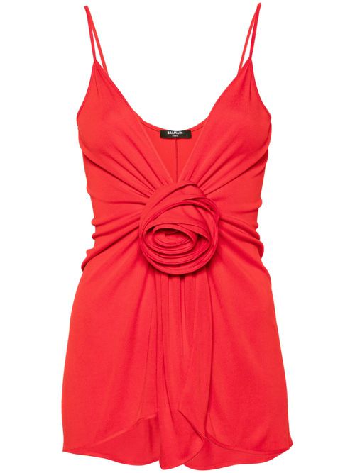 Floral-appliqué plunge tank top - Red