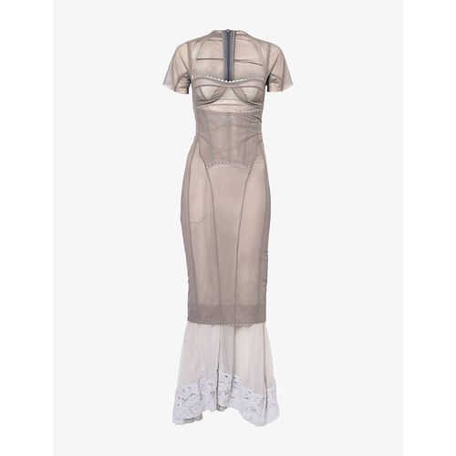 Womens Cloudy Border Short-Sleeve Stretch-Mesh Maxi Dress