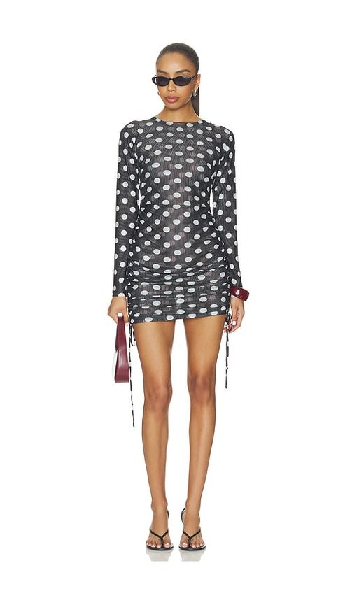 One Teaspoon Polka Darling Sheer Mesh Ruched Mini Dress in Black & White. - XXS also in XS, S, M