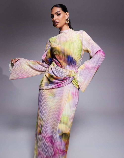 ASOS DESIGN plisse drape long sleeve maxi dress in pastel blurred print-Multi