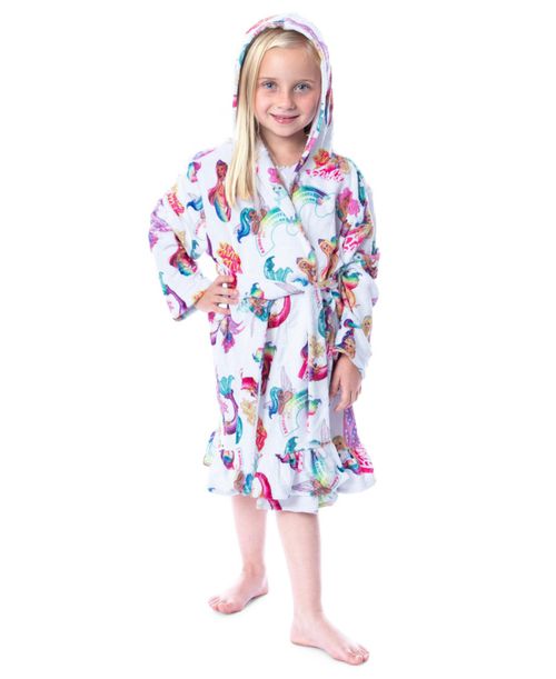 Mattel Girls' Fantasy Mermaid Fairy Rainbow Ruffled Kids Bathrobe Robe - White