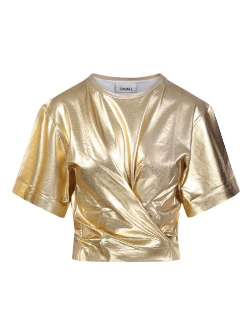 Nude wrap-effect crop top - Gold