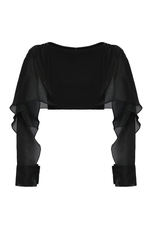 Illusion Cropped Ruffled Sequined Mesh Top