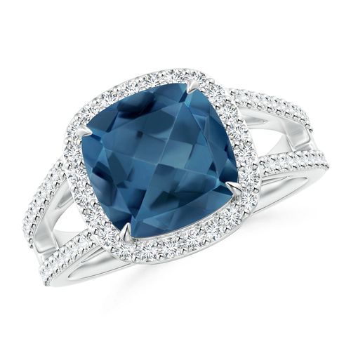 Angara 3.3 Carats Cushion London Blue Topaz Split Shank Ring with Diamond Halo in Platinum