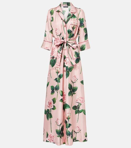 Floral belted silk satin maxi dress