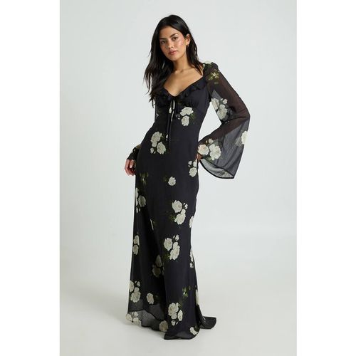 Boohoo Women's Floral Chiffon Ruffle Maxi Dress in Black