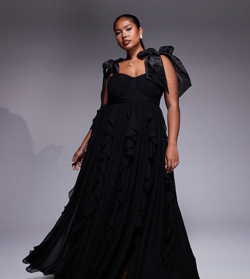 Curve halter maxi dress with waterfall ruffles in black