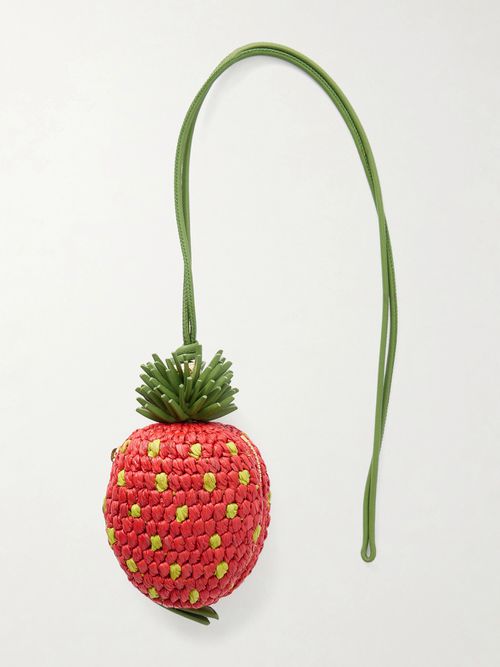 + Paula's Ibiza Strawberry Leather-trimmed Raffia Pouch