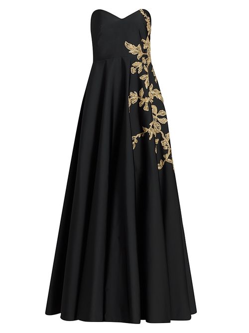 Women's Raffia Floral-Embroidered Faille Strapless Gown - Black Gold