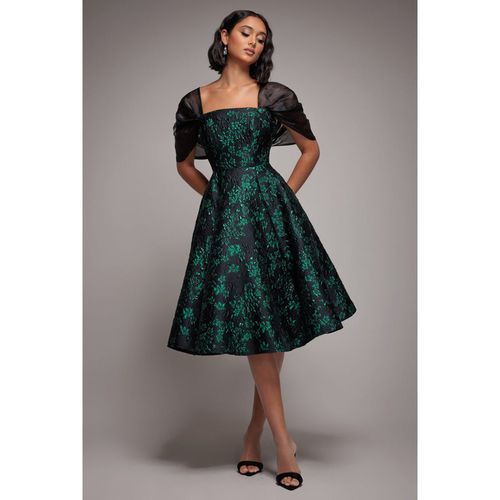 Goddiva Lace Up Jacquard Midi Dress With Organza Wings - Emerald Black
