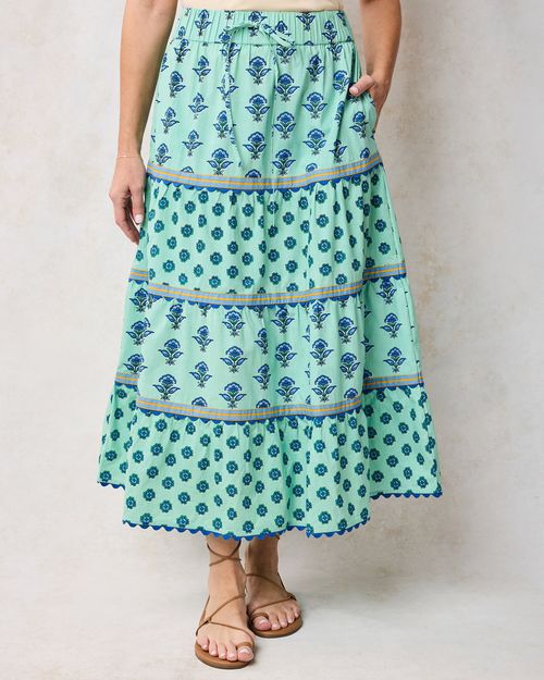 Organic Cotton Floral Block Print Tiered Midi Skirt in Sage | Women's XXS | Blue Spring