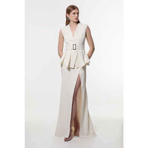 Karen Millen Women's Soft Tailored Belted Peplum Tailored Maxi Dress in Ivory