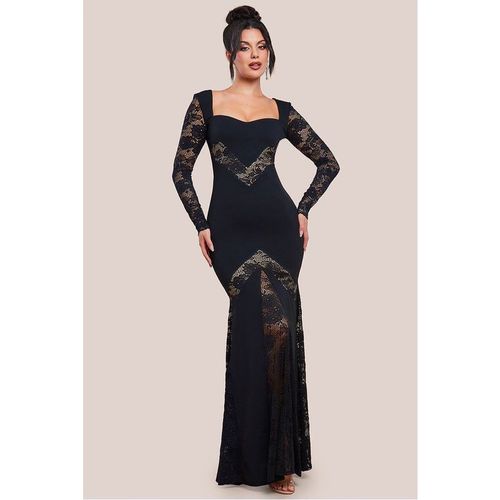 Goddiva Scuba & Lace Long Sleeve Maxi Dress - Black