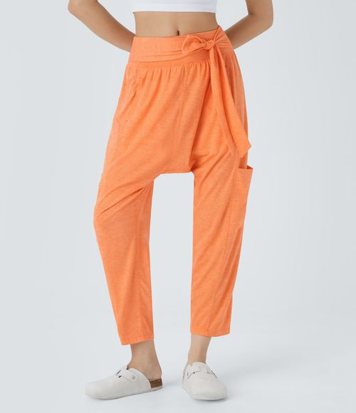 Mid Rise Tie Pockets Casual Harem Pants  - Papaya