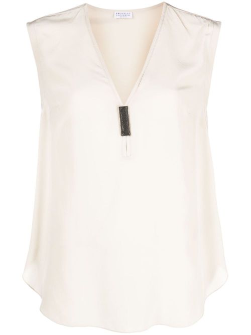 Monili-embellished sleeveless silk top - Neutrals