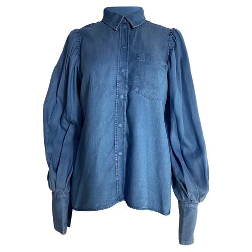 Buttoned Bishop Sleeve Shirt in Blue Cotton