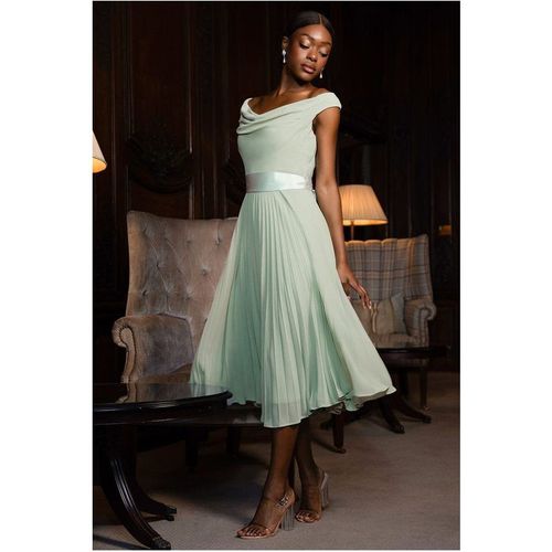 Goddiva Cowl Neck Pleated A-Line Chiffon Midi Dress - Sage Green