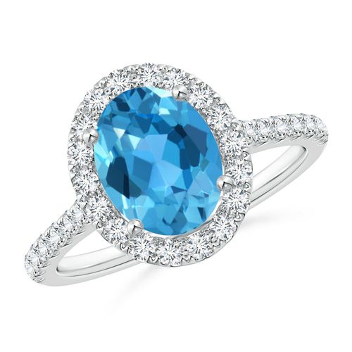 Angara 2.25 Carats Prong-Set Oval Swiss Blue Topaz Halo Ring with Diamond Accents in Platinum