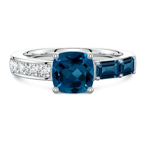 Lee Harris x Angara 2.84 CTW Cushion London Blue Topaz Modern Art Deco Inspired Side Stone Ring in Platinum