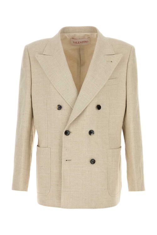 Double-Breasted Linen Blend Blazer — Beige