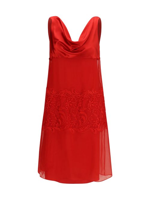 Draped Lace Silk Dress — Red