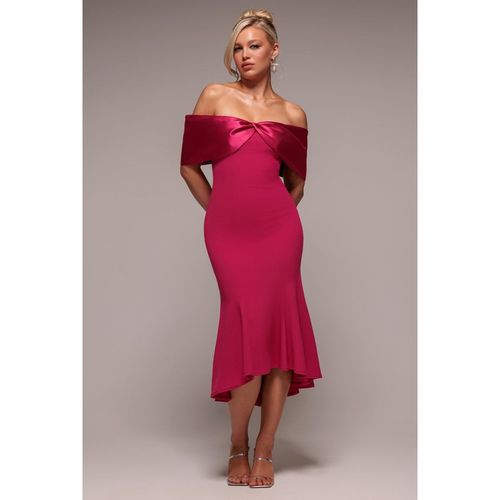 Goddiva Twist Knot Satin & Scuba Bardot High Low Midi Dress - Magenta