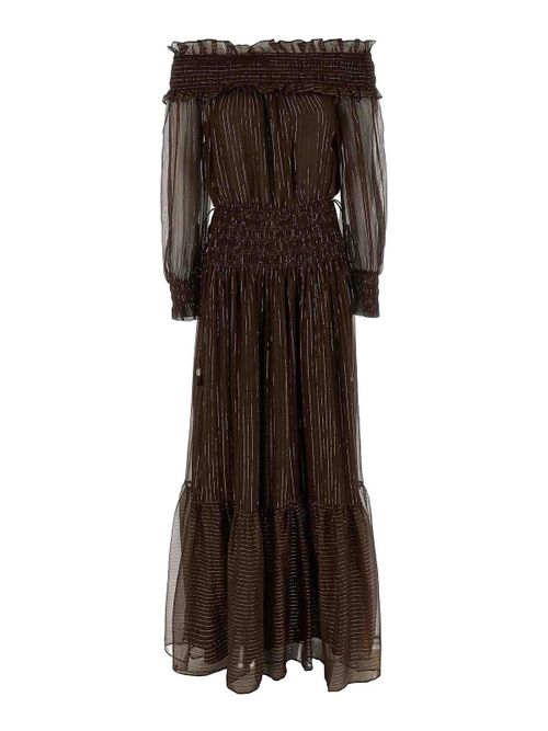 Brown Georgette Off Shoulder Maxi Dress