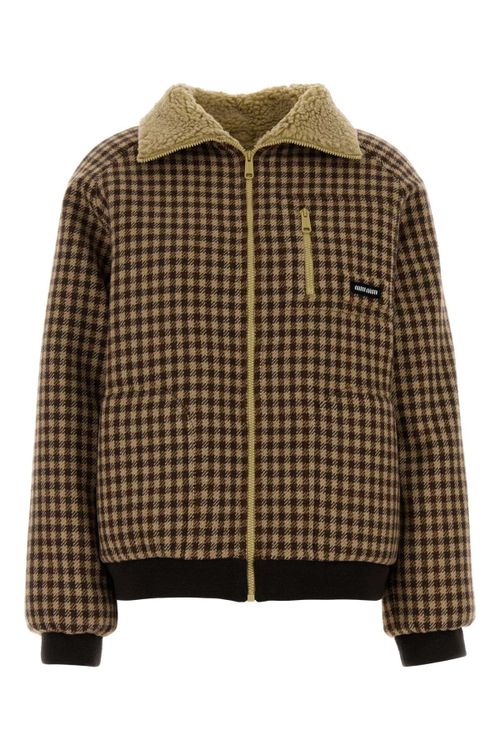 Houndstooth Wool with Sherpa Collar Jacket — Brown