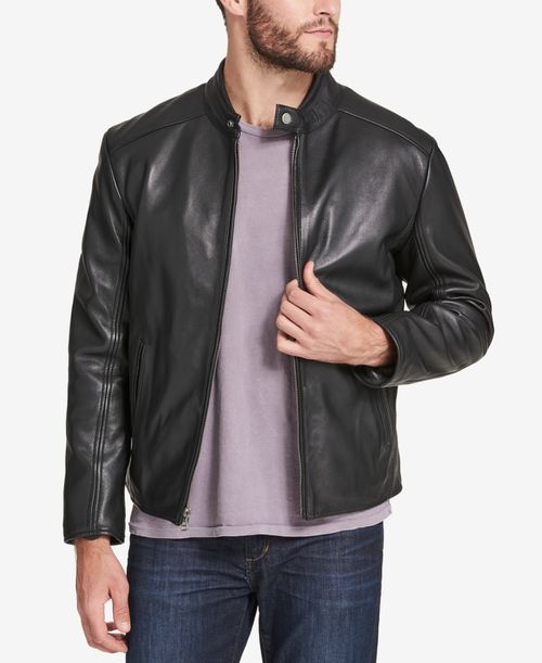 Men's Leather Moto Jacket, Created for Macy's - Black