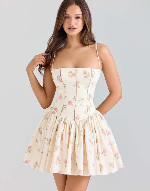 Ysabella cream rose print stretch cotton mini sundress in cream rose-White