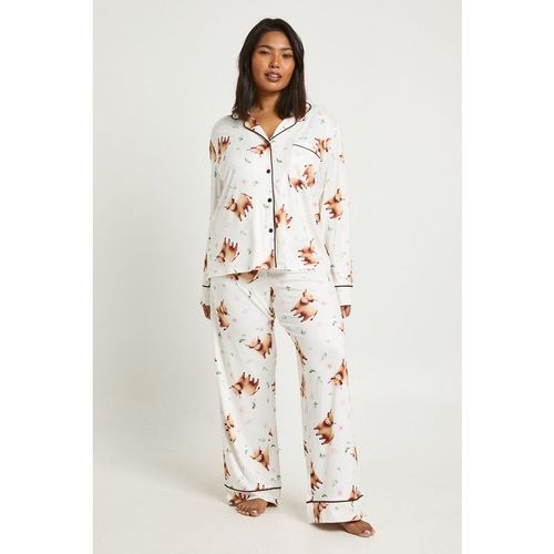 Boohoo Womens Plus Highland Cow Print Long Sleeve Shirt & Trouser Pyjama Set - Pink