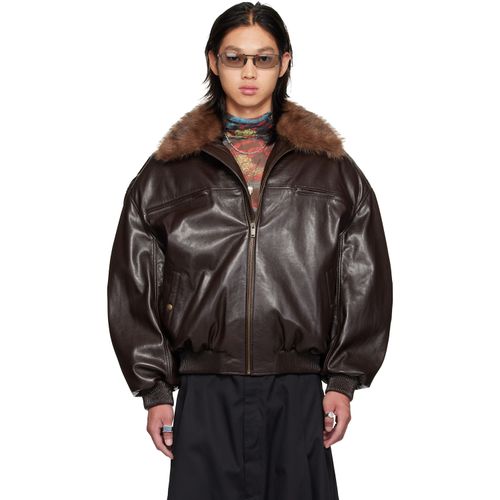 Brown Faux-Leather Cargo Flight Jacket