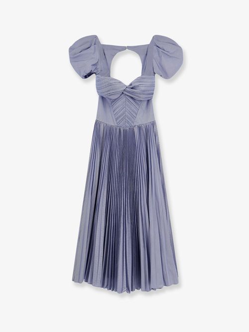 Pleated Puff-Sleeve Dress — Blue