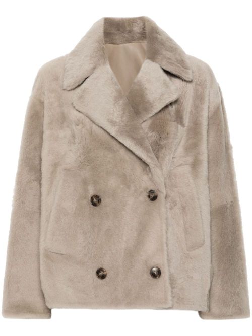 Lamb Fur Double-Breasted Coat — Beige