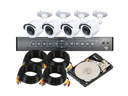 4-Channel DVR Kit with 4x 720p Infrared Cameras, 4x 50 ft. Siamese Camera Cables, and a 500GB Hard Drive