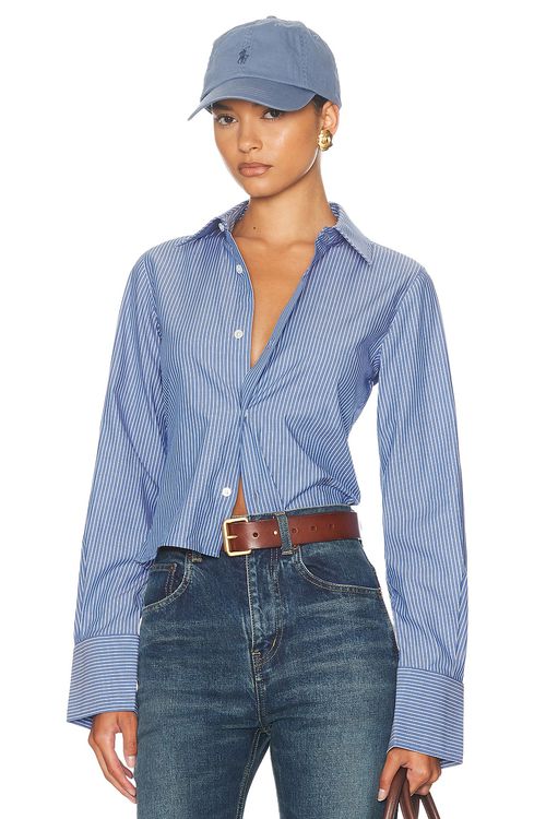 Helsa Pinstripe Poplin Fitted Shirt in Blue