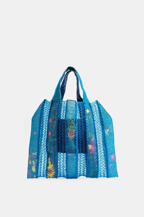 Teal Jacquard Openwork Mesh Tote Bag — Blue