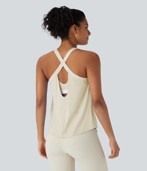 U Neck Curved Hem Cool Touch Yoga Tank Top-UPF50+ Tank Top - Almond Milk